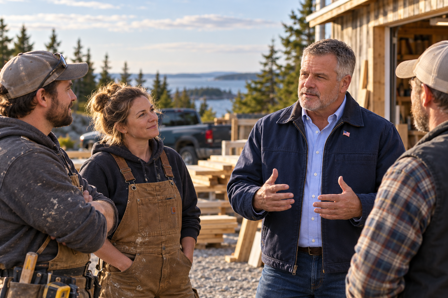 AI-generated fictional candidate Jack Mercer talking with tradespeople at a Maine construction workshop