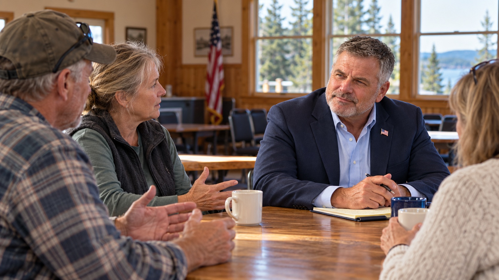 AI-generated fictional candidate Jack Mercer listening to neighbors at a Maine community hall