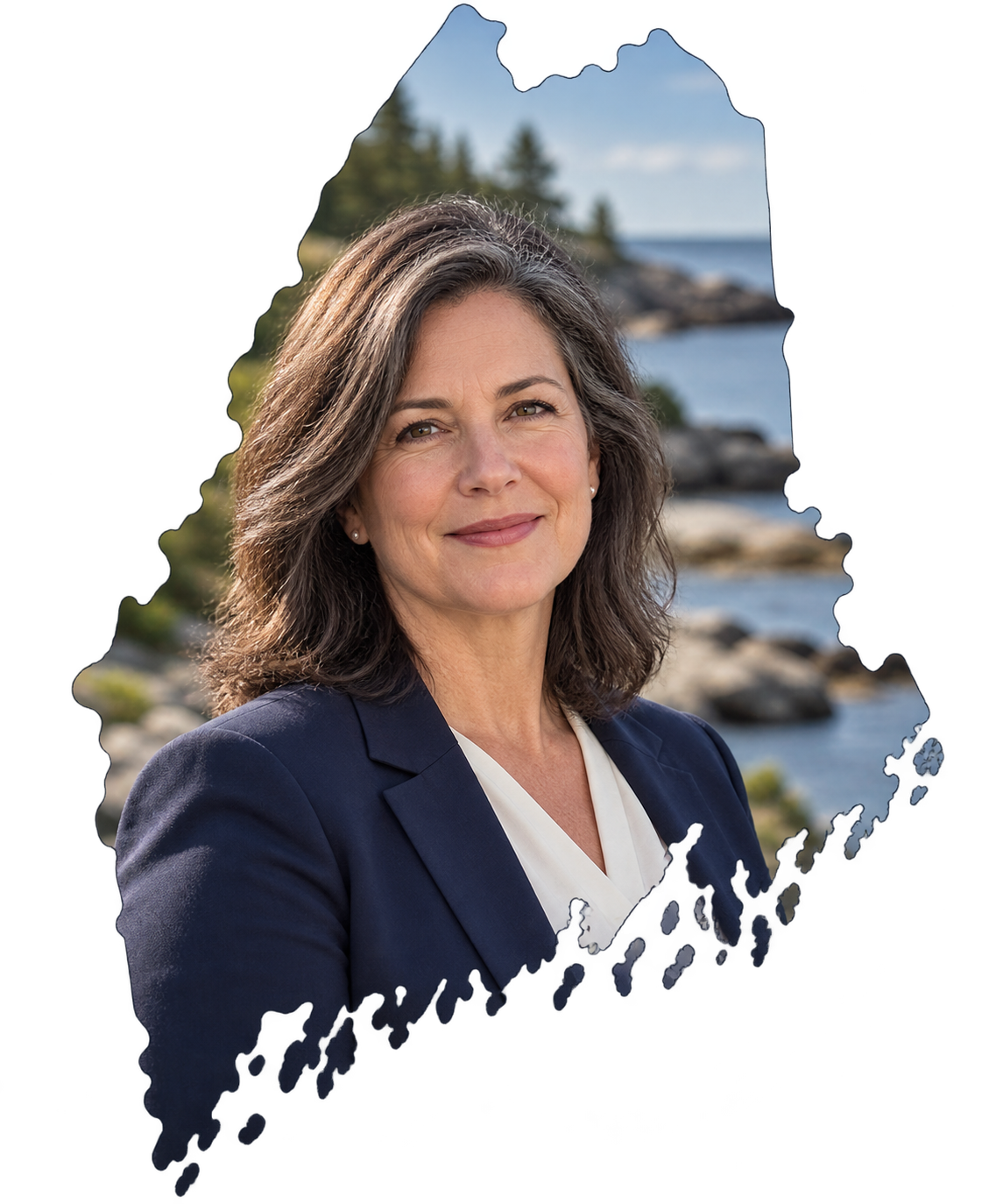 AI-generated portrait of fictional candidate Morgan Hale inside the outline of Maine