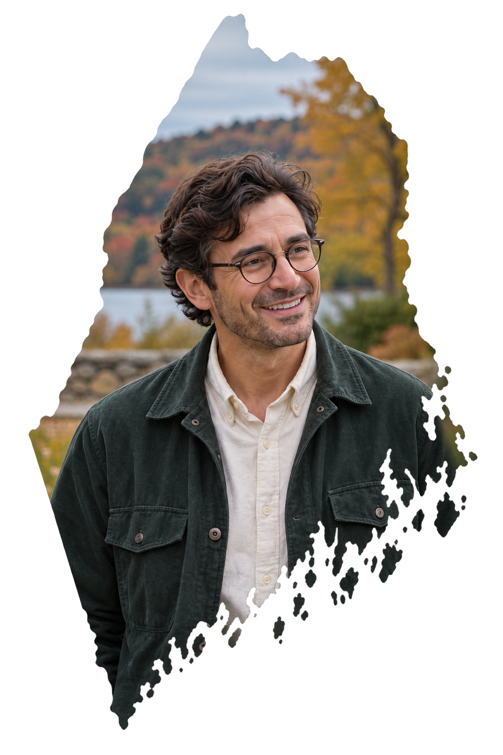 AI-generated portrait of fictional candidate Rowan Ellis inside the outline of Maine